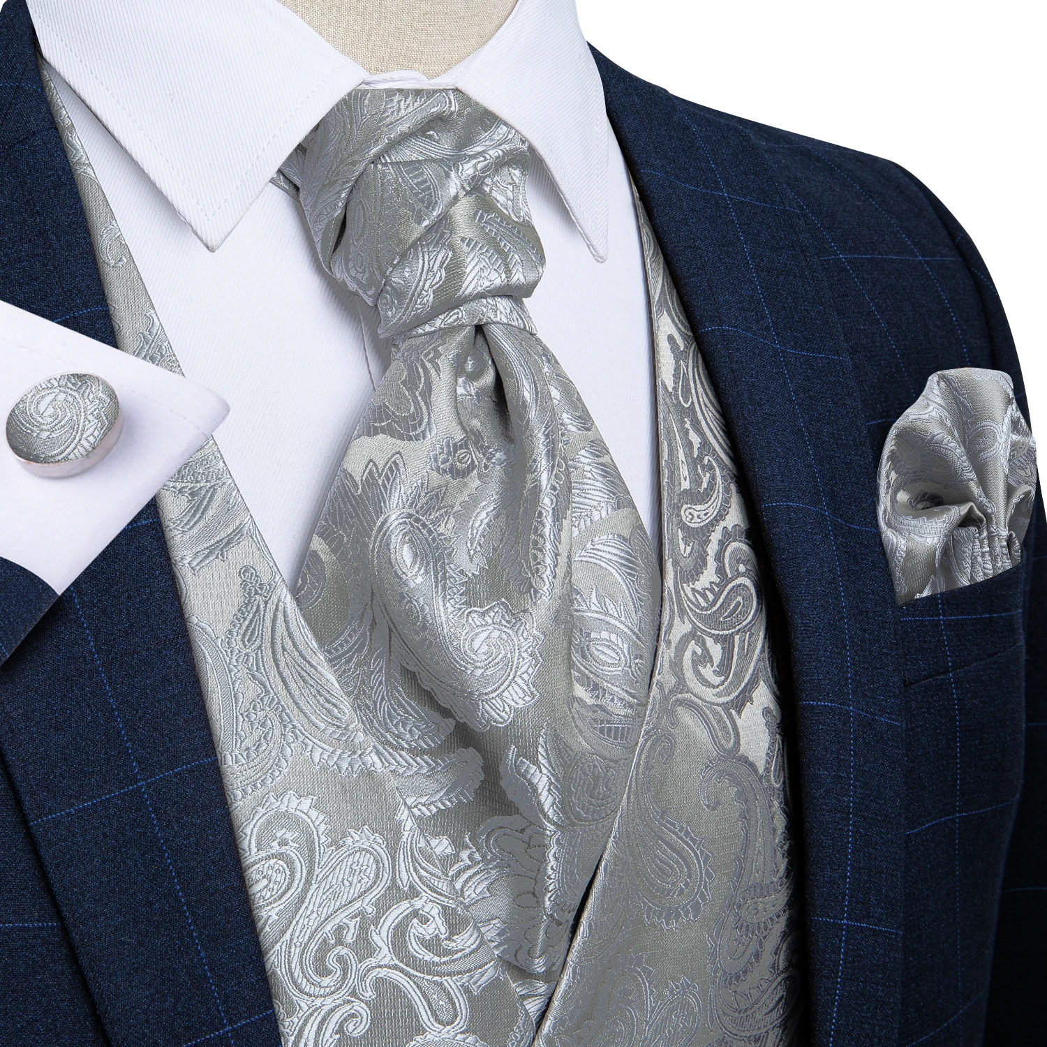 Men Suit Vest silver Paisley Floral Silk Wedding Waistcoat Men Ascot Tie Pocket Square Necktie Ring Sleeveless Jacket DiBanGu blazer suit Suits & Blazer