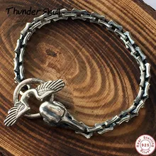 Твердые 925 стерлингового серебра Панк Рок мужской тайский серебряный череп ворона ручной работы браслет мотоцикл езда мужские ювелирные изделия