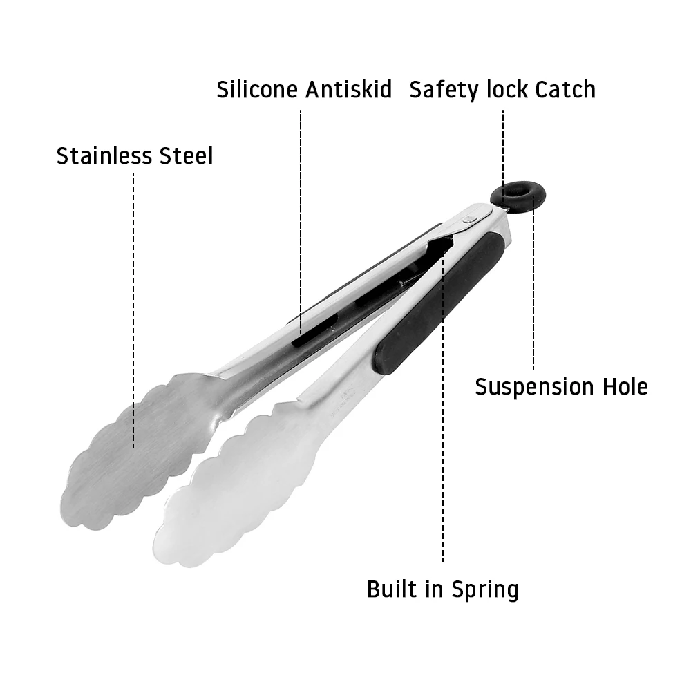 9/12/14/16 Inch BBQ Grilling Tong With Lock Stainless Steel Salad Bread Serving Tong Non-Stick BQ Tong Utensil Cooking Clip New