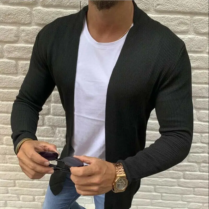 Newest Men's Autumn Cardigan Slim Fit Stand Collar Knit Jacket Long Sleeve Large Size Black Gray White Khaki | Женская одежда