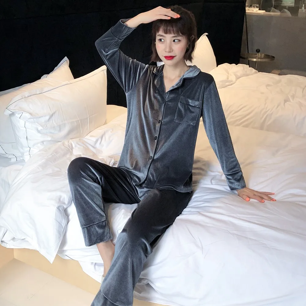 

Women Velvet Pajamas Suit Plus Size Sleepwear Autumn New 2PCS Shirt&Pants Velour Intimate Lingerie Lovers Nightwear 3XL 4XL 5XL