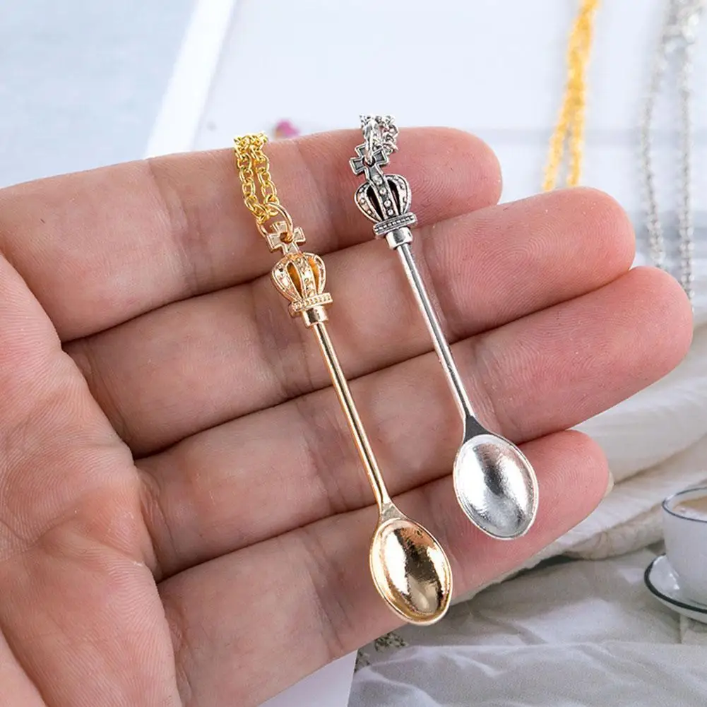 Tiny Spoon Shape Pendant Necklace With Crown 4 Colors Mini Long Link  Jewelry | eBay