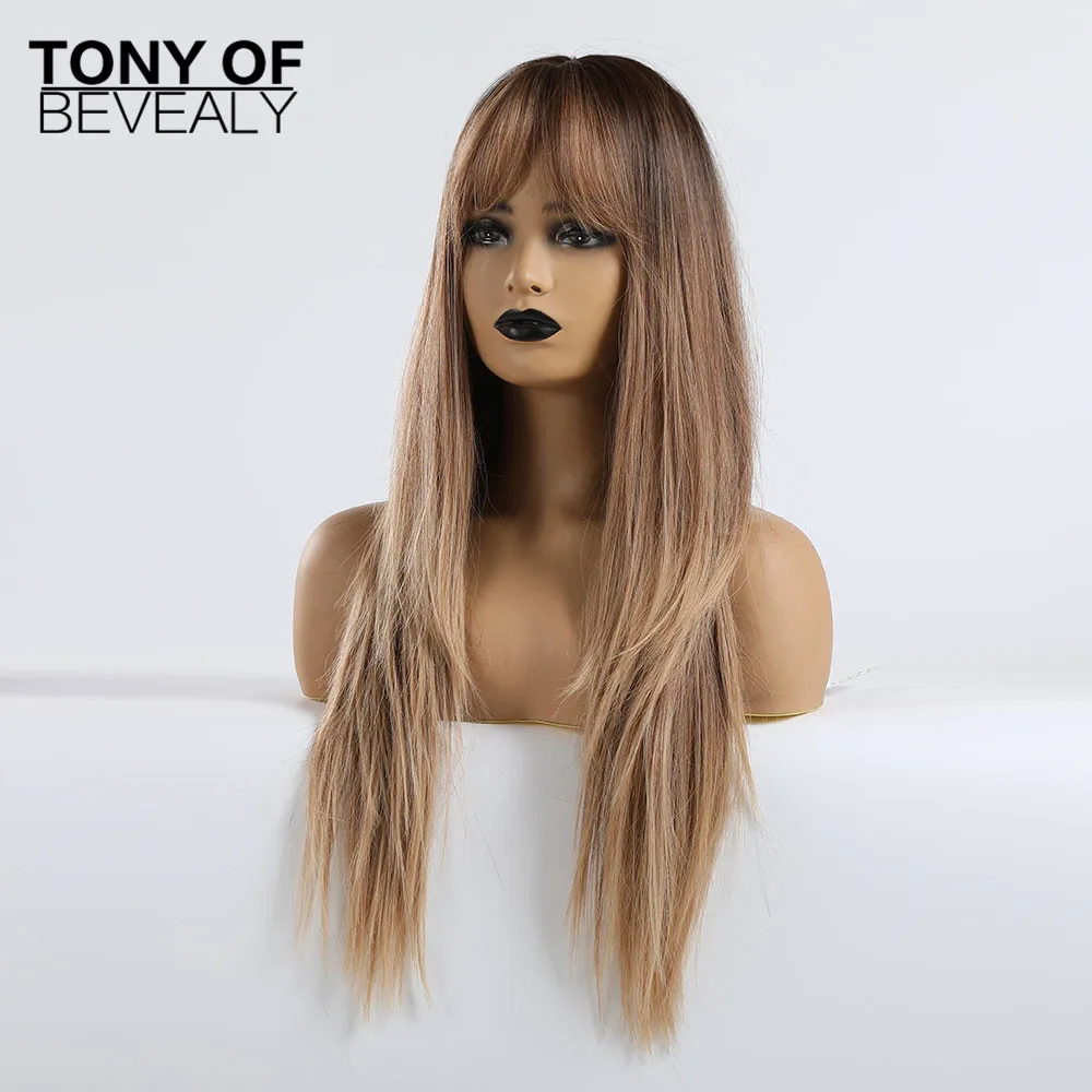 Длинные прямые синтетические парики с челкой коричневые парики для черных женщин натуральные парики на каждый день термостойкие волокна накладные волосы