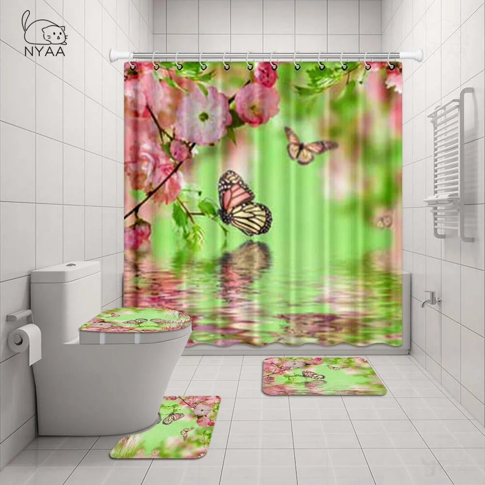 Nyaa розовая поза Бабочка печать занавески для душа Водонепроницаемый полиэстер ткань красивые цветы занавески для ванной комнаты для домашнего декора - Цвет: NY2201