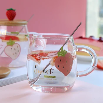 

Strawberry Breakfast Glass Cup Cute Transparent Girl Creative Student Milk Cup with Spoon Home Water Cup Gifts for Girls MM60BLB