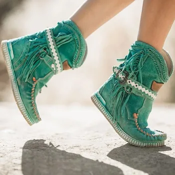 

Fringe Middle Boots Women Sexy Tassel Boots Buckle Motorcycle Boots Flat Heel Boot Women Cowboy Style Bota Feminina Fashion