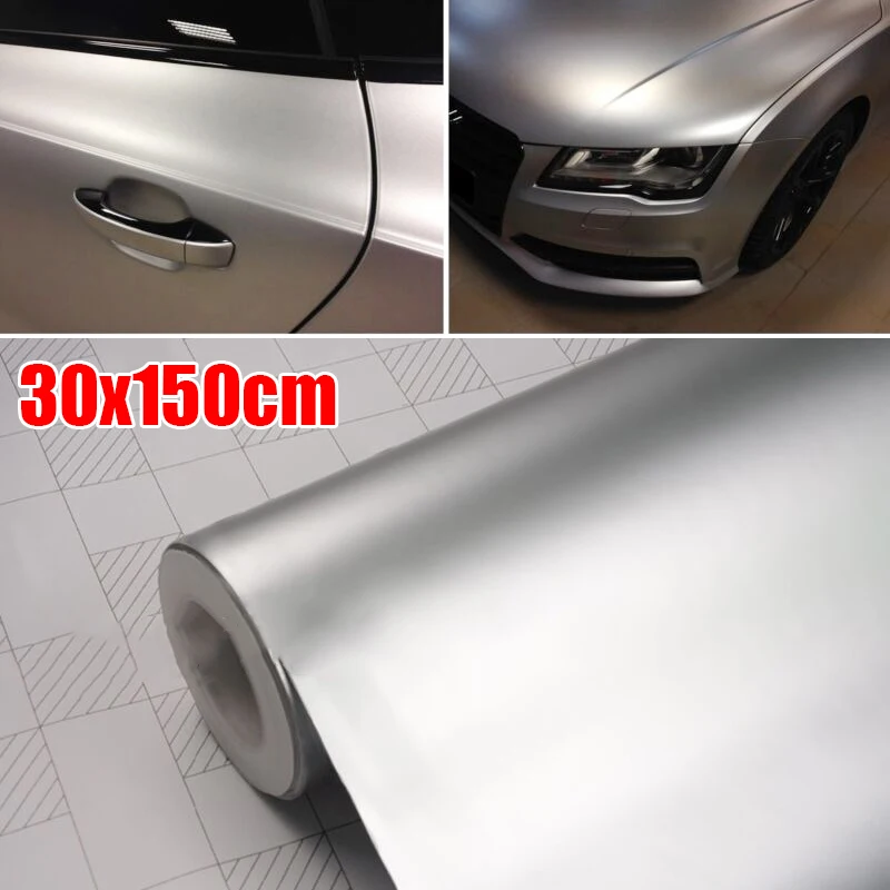 30*150cm Auto Body Wrap Film Satin Matte Chrome Metallic Silber Vinyl Film Auto  Aufkleber Aufkleber Auto styling wrap Blatt Rolle Film