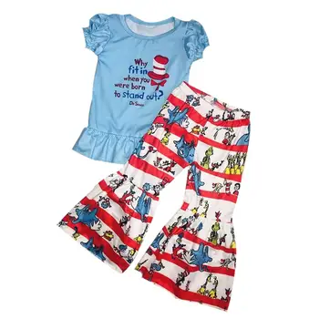 

Children back to school clothing set short sleeve blue short with bell bottom boutique outfit hot sale summer clothes