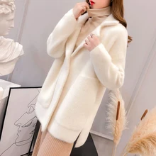 Корейский стиль, большие карманы, имитация норки, шерстяное пальто, шаговый воротник, свободный тонкий вид, толстая длинная куртка для женщин, осень, зима, новинка