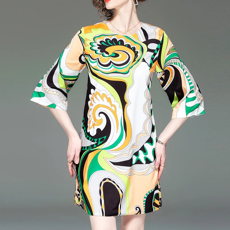 Мода, новое весеннее женское платье, шикарное платье с круглым вырезом и половинным рукавом, платье с геометрическим узором, женское винтажное платье, женское вечернее платье SL199