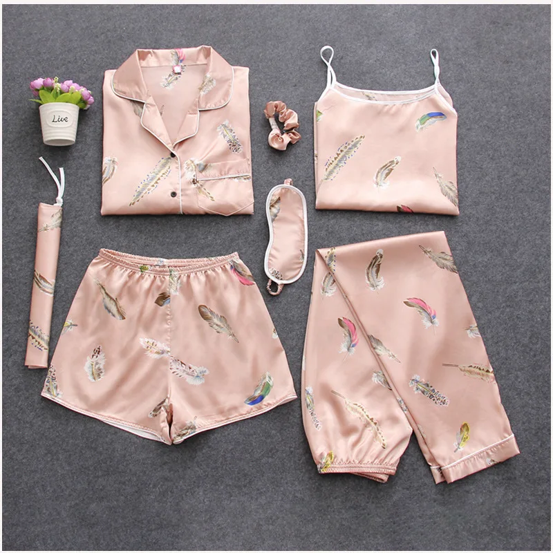 Розовая полосатая Пижама, шелковая атласная Женская пижама, комплект из 7 предметов, комплект пижамы из неглиже, женская одежда для сна