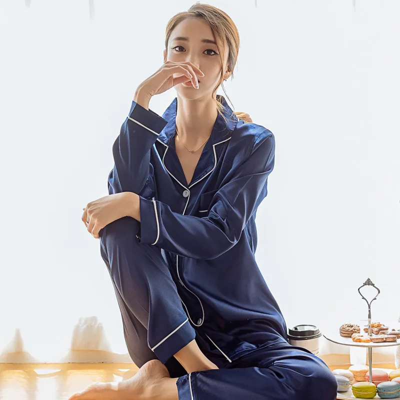 Весенние и осенние пижамы в Корейском стиле с длинным рукавом, имитация шелковой ткани, брюки, женская сексуальная пижама