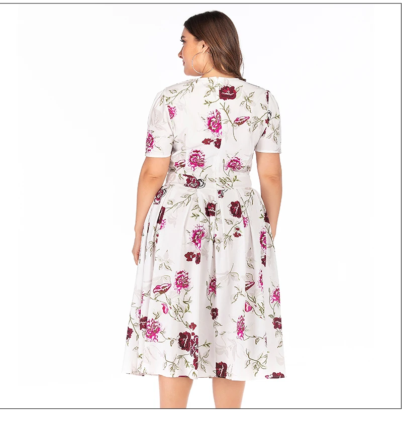 S.FLAVOR Fashion Printing Dress Vintage Style Women O-neck Short Sleeve A-line Dress Slim Retro Midi Dresses Plus Size