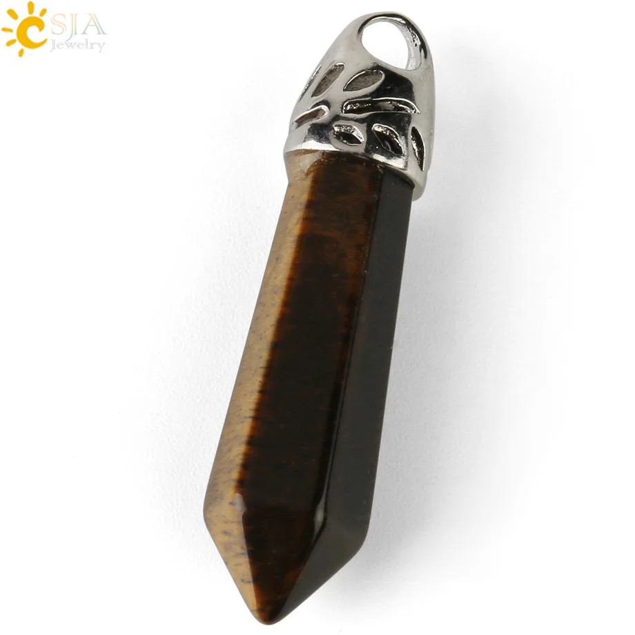 Tiger Eye CSJA, натуральный камень, шестиугольная призма, подвеска, маленький размер, кристалл, кварц, Агаты, исцеление, заостренные подвески для ожерелья, для женщин и мужчин, G289 - Окраска металла: Tiger Eye