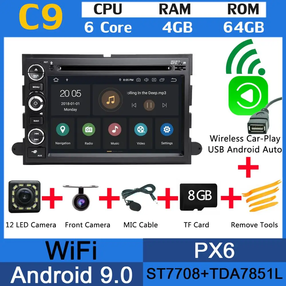 PX6 Wireless CarPlay Android 9,0 PX6 4G+ 64G Автомобильный dvd-плеер для Ford Fusion Explorer Focus Edge Expedition Mustang Escape frestyle gps Радио CarPlay - Цвет: PX6 Wireless CarPlay