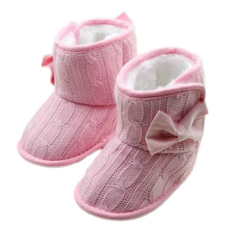 Hilittlekids/Зимние флисовые ботинки для малышей; детская обувь для младенцев; вязаная обувь с бантом; детская теплая обувь - Цвет: Rose Red