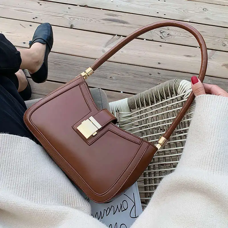 

Solid Color PU Leather Shoulder Bags For Women 2020 Lock Handbags Small Travel Hand Bag Lady Fashion Bags