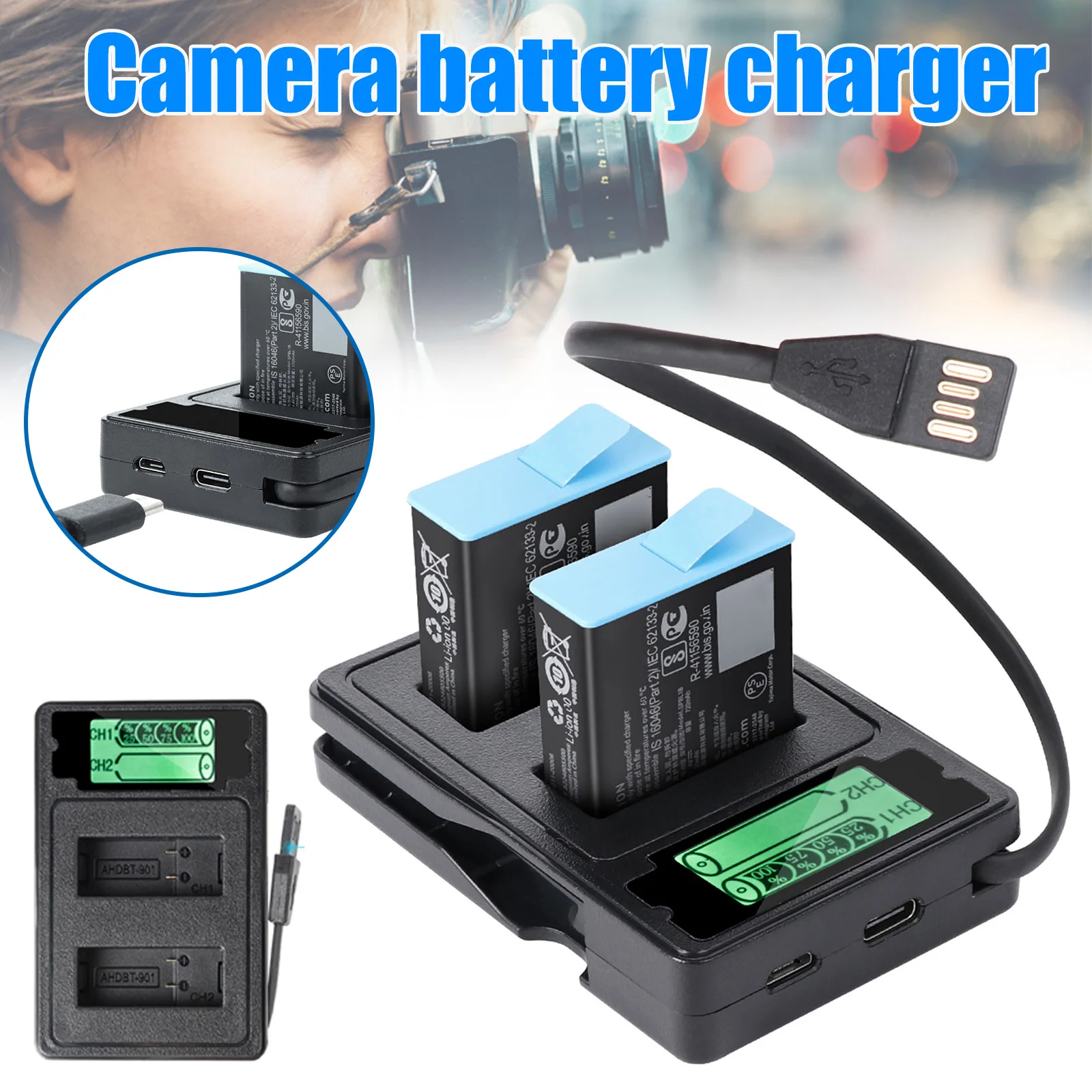 

Black Battery Charger for GoPro Hero 9 Dual Port with LCD Display Charging Cable GoPro Hero 9 Accessories ND998