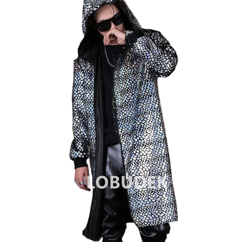 Купить мужское длинное пальто в стиле хип хоп серебряное/белое панк