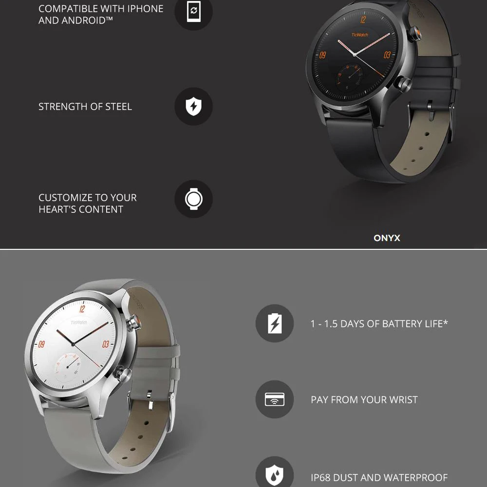 Смарт-часы Ticwatch C2, wifi, gps, IP68, водонепроницаемые, Strava, Google Pay, износ ОС, Google 1," AMOLED экран, SMS напоминание