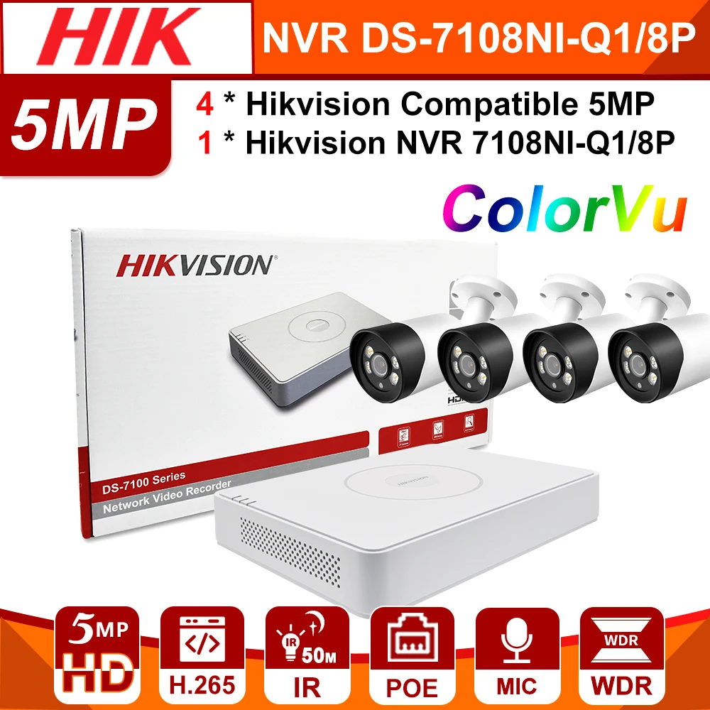 Hikvision 8CH + 4 Открытый Камера комплект NVR 5MP шт. ColorVu охранной сигнализации с 7108NI Q1/8P