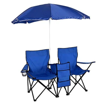 

US Warehouse Portable Outdoor 2-Seat Folding Chair with Removable Sun Umbrella Blue Furniture