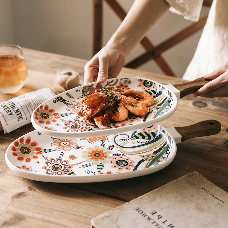 

Nordic Ceramic Dinner Plate Dish Steak Salad Plate Wooden Handle Christmas Steak Plate Home Decor Oval Dinner Plate