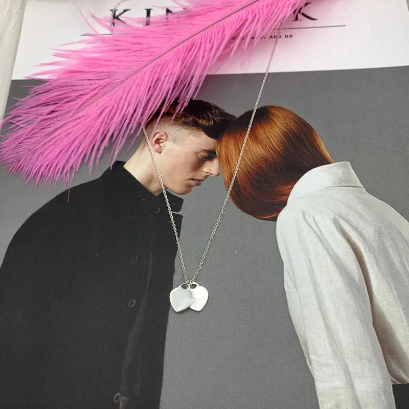 

S925 Sterling Silver Necklace,Silver Colour Double Heart-Shaped ,High Quality 1:1With Logo,Women Birthday Gift Jewelry