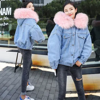 

Women's Denim Jacket 2019 Winter Jeans Jacket Hooded Velvet Coat Female Faux Fur Collar Padded Warm Jackets Women Dropshipping