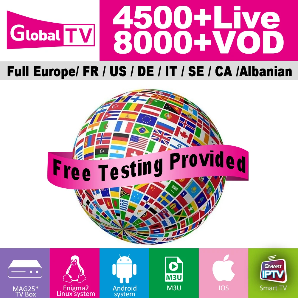 Global tv IP tv мировые каналы 4500 Live 8000+ VOD Европа Франция Италия Испания арабский FHD HD H.265 ip tv подписка тест m3u