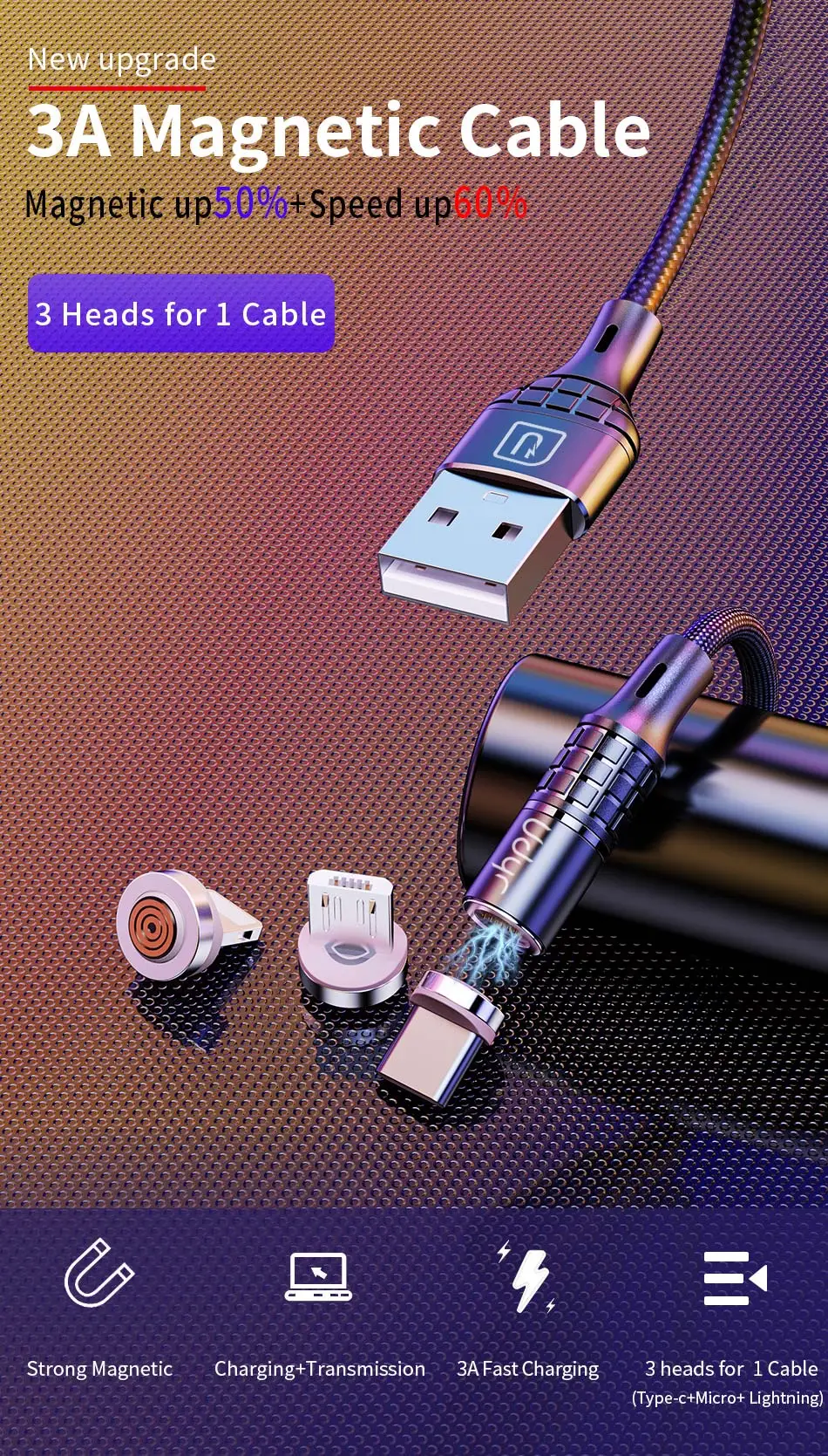 Магнитное зарядное устройство Udyr 3 А, кабель usb type-C для iPhone, кабель для быстрой зарядки, кабель Micro USB C для xiaomi redmi note 7 pro