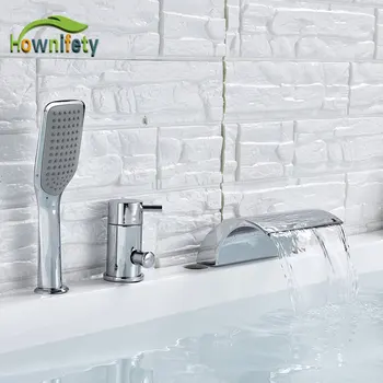 

Chrome Bath Sink Faucet Waterfall Spout ABS plastic Hand Shower Deck Mount Hot Cold Mixer Crane Tap
