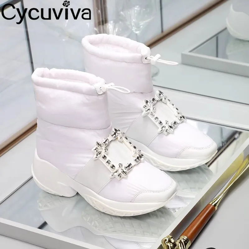Квадратной пряжкой зимние ботинки Rhinestone Для женщин на толстой подошве, на платформе, подходят для зимы; Для женщин с круглым носом, теплая обувь на пуховые ботильоны для женщин