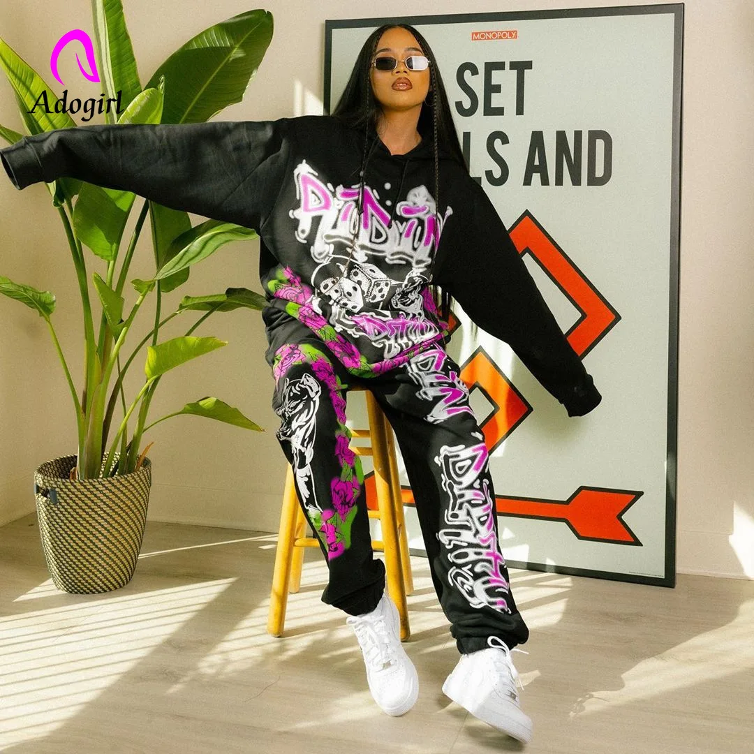 Graffiti Print Women Two-piece Set Loose Hoodies And Baggy Sweatpants Black  High Street Jogging Pants Matching Suit Set Outfits - Pant Sets - AliExpress