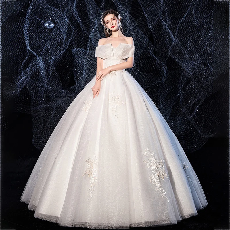 

High Quality Boat Neck Off the Shoulder Appliques Wedding Dress Ball Gown Robe De Mariee Elegant Floor Length Princess Dress