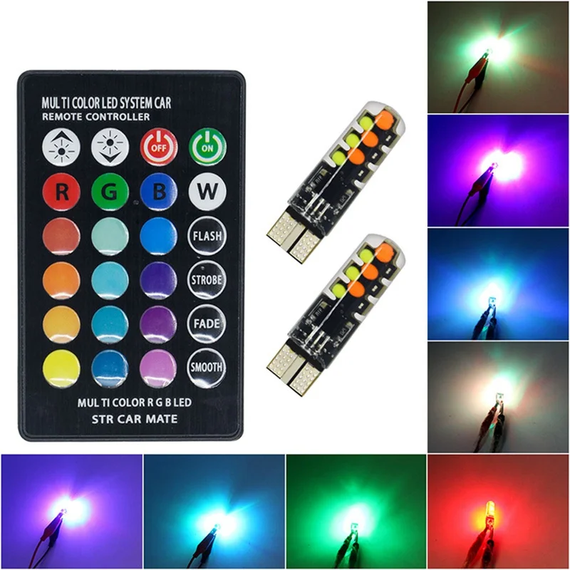 

1set Rgb Car Led Indicator Light T10 Silicone Colorful Remote Flashing Reading Light License Plate Light Led Light Cob Headlight