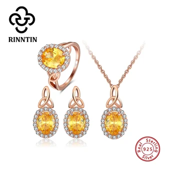

Rinntin Genuine S925 Silver AAAA Zircon Women Vintage Jewelry Sets Necklaces Stud Earrings Ring Engagement Jewelry TSS48
