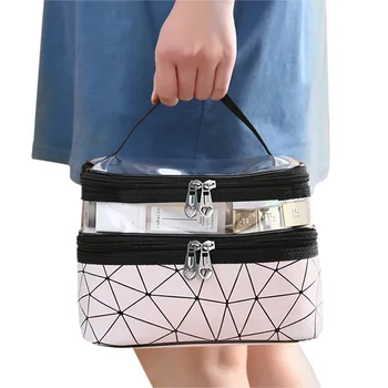 

Double Layer Women Makeup Bag Gradient geometric pattern Cosmetic Case Storage Handle Travel Organizer Bags