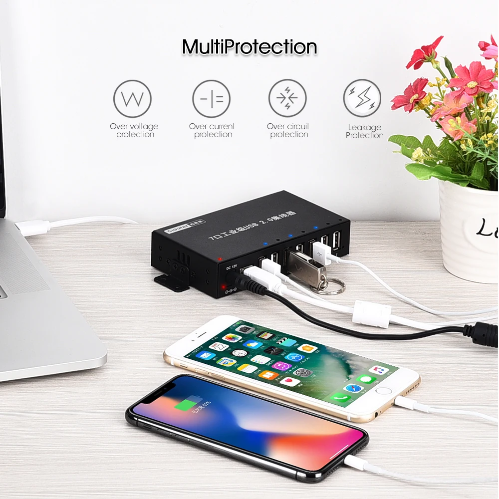 Sipolar metal 7 Ports USB 2.0 Charger Hub Multi Port USB Splitter With 12V 3A Power Adapter LED Indicator Mounting Bracket