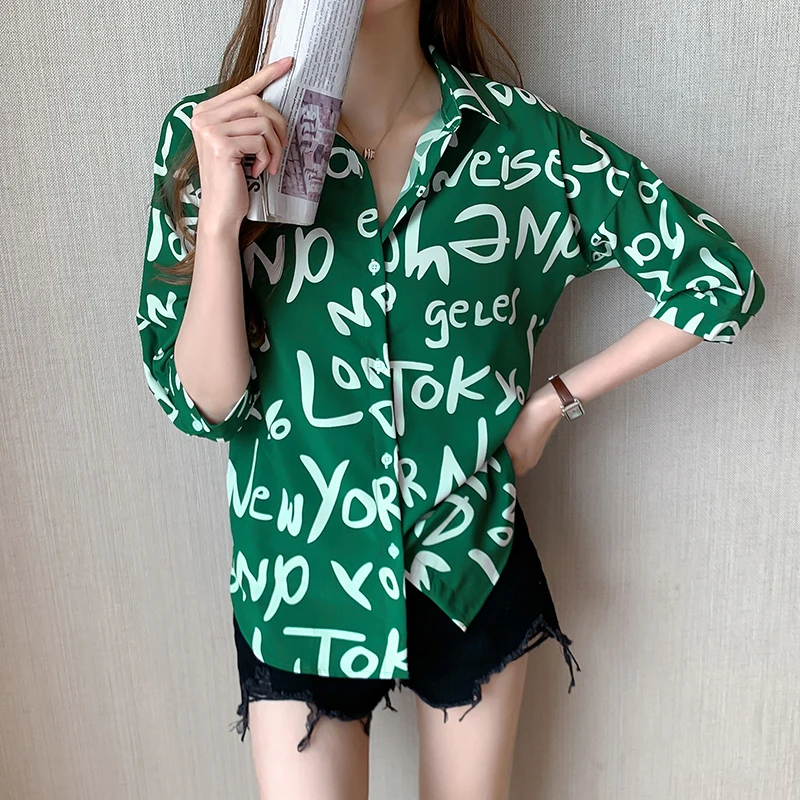 Letter Prints Shirt Women Summer 2020 New Fashion Turn Down Collar Short Sleeve Blouse Female Loose Casual White Shirts Woman