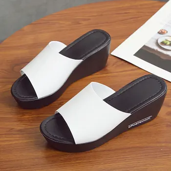 

Women Sandals Slippers Platform Wedge PU Leather Mules Open Toe Slides Shoes Summer Beach Plus Size Solid Black White Sandals