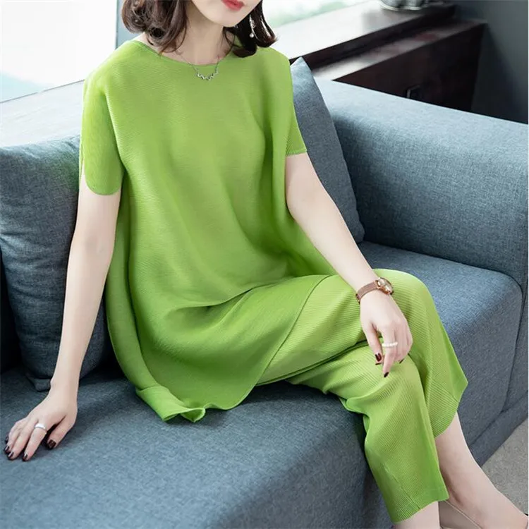 

Ozhouzhan 2020 Spring And Summer New Style Pleat Loose-Fit Slimming Large Size Elegant Commuting Miyake Casual Two-Piece Women's