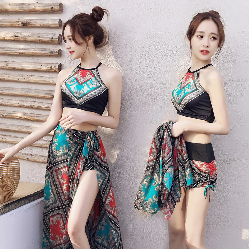 

2019 Summer New Style Bathing Suit Three-piece Set WOMEN'S Overall Belly Covering Slimming Push up Ethnic-Style Floral Hot Sprin