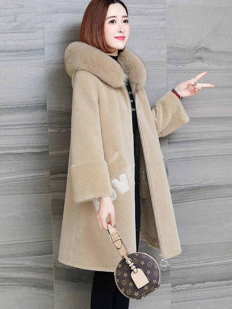 

Real Sheep Shearling Fur Coat Female Fox Fur Korean Long Jackets Winter Jacket Women 100% Wool Coats Chaqueta Mujer MY