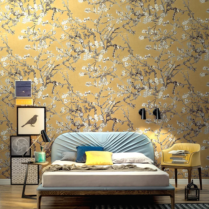 Background Wallpaper for Bedroom, Van Gogh, Pastoral, apricot, Flower, Blue, Oil Painting, Living Room, Home