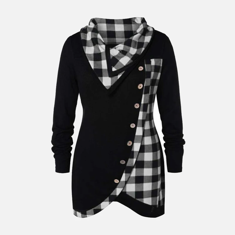 BW small plaid Женские толстовки Топ клетчатый лоскутный Женский пуловер шарф воротник Дамская Толстовка Осень Зима Водолазка пуговицы повседневные пальто - Цвет: BW small plaid