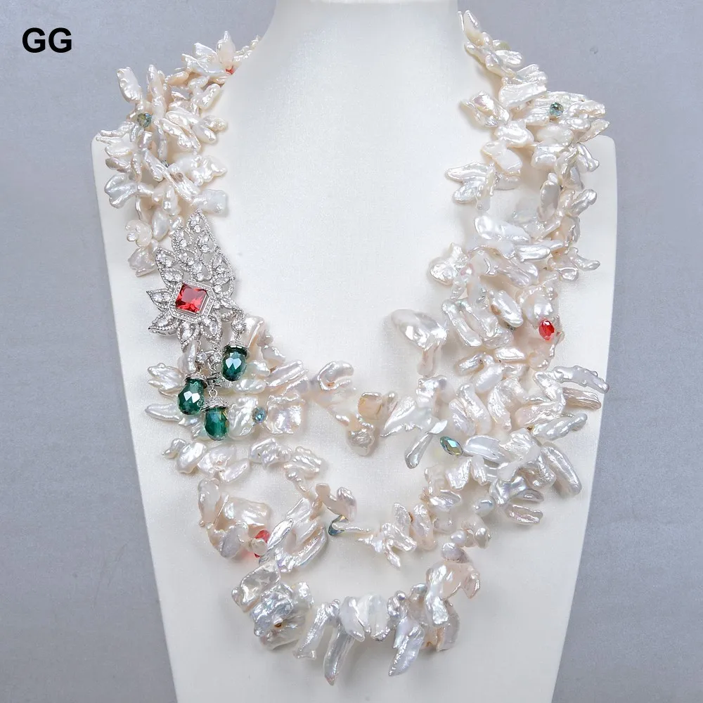 

GuaiGuai Jewelry 3 Strands Natural White Keshi Pearl Colorful Crystal Necklace CZ Pave Crystal Pendant 18"