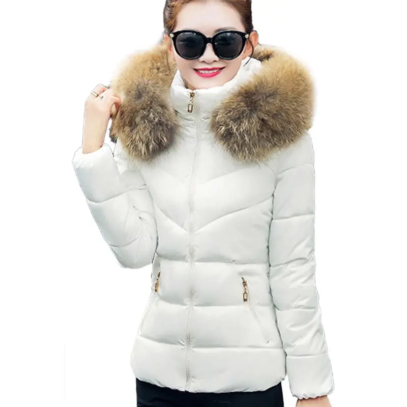 Yming зимние женские пальто, пуховик с меховым воротником, толстая парка, хлопковые пальто с капюшоном, корейский стиль, верхняя одежда, тонкие женские теплые куртки - Цвет: Белый