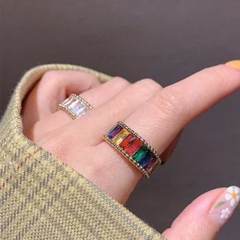 

AOMU 2020 New Korea Colorful Crystal Rainbow Retro Open Ring Simple Adjustable Zircon Rings for Women Jewelry Gifts