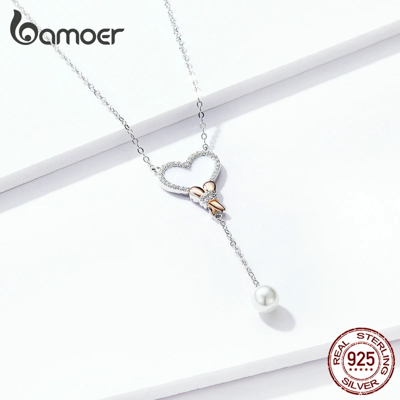 Bamoer, ожерелье из натуральной 925 пробы, серебряная, белая оболочка, сердце, шар, ожерелье для женщин, цепочка, ожерелье с жемчугом, ювелирное изделие, воротник BSN154
